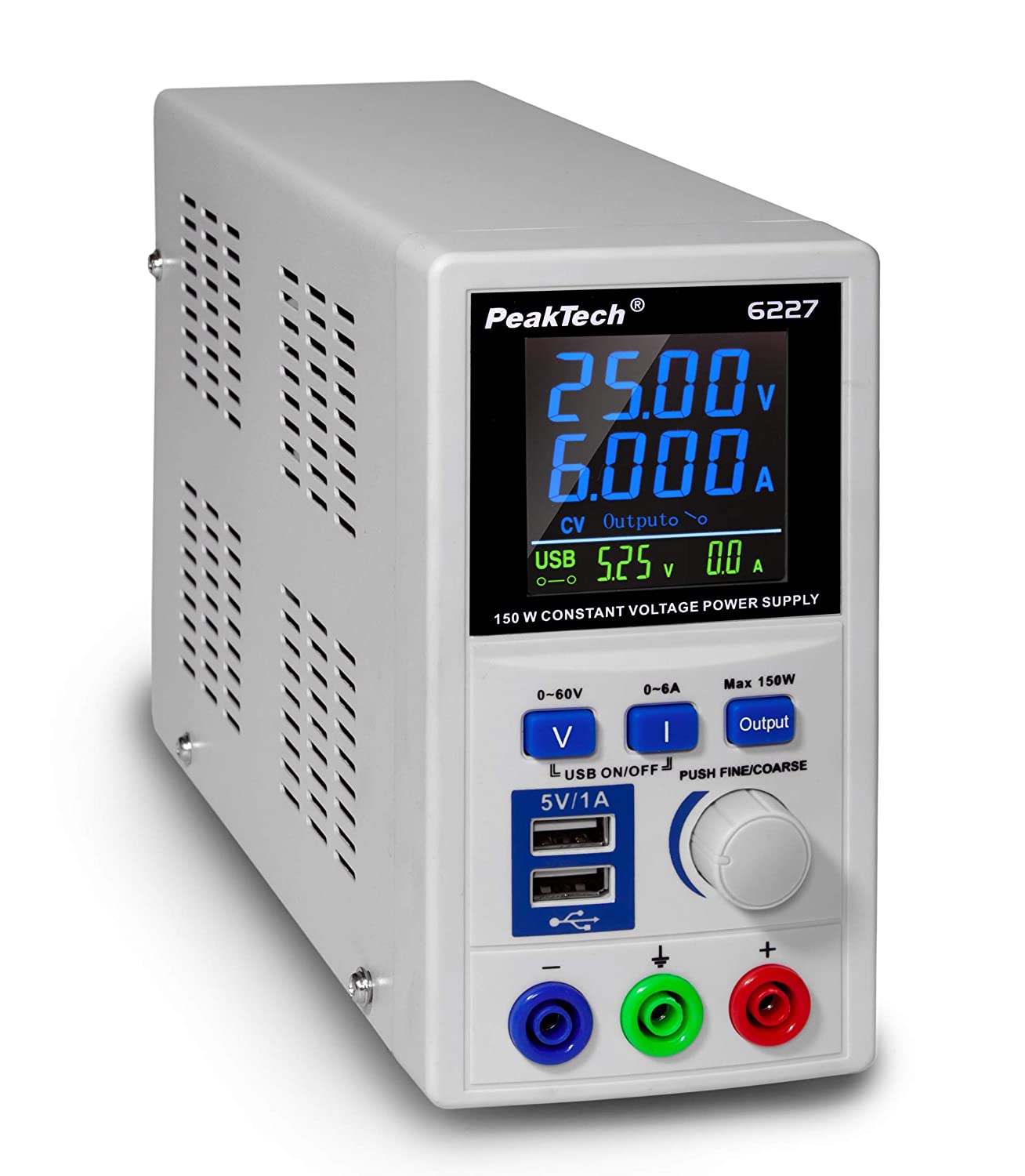 [314927] DC Labor Netzteil PeakTech P 6227 – DC Labor Netzteil 0-60 V / 0-6 A mit farbiger LCD Anzeige, Labor Netzgerät inkl. 2x USB Port, Einstellbare Ausgangsspannung, Betriebsspannung 115-240 V AC/ 50-60Hz - EN 61010-1