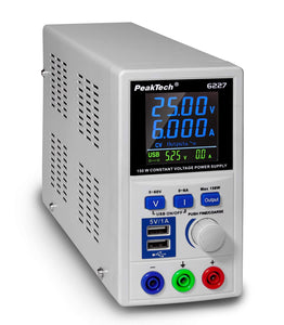 [314927] DC Labor Netzteil PeakTech P 6227 – DC Labor Netzteil 0-60 V / 0-6 A mit farbiger LCD Anzeige, Labor Netzgerät inkl. 2x USB Port, Einstellbare Ausgangsspannung, Betriebsspannung 115-240 V AC/ 50-60Hz - EN 61010-1